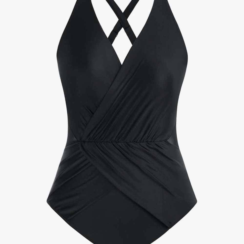 Hanna Nikole Wrap Front Padded Soft Cup Deep Plunge Tummy Control Swimsuit Plus
